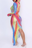 Sexy Casual Patchwork Sequins Slit Hooded Long Dresses
