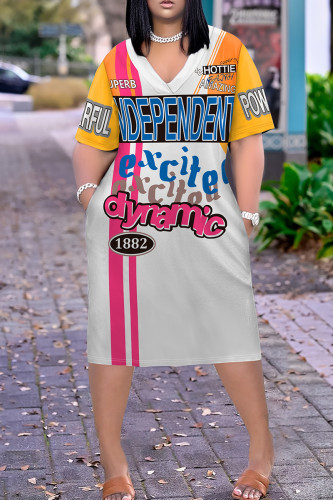 Casual Print Pocket Patchwork V Neck Straight Plus Size Dresses