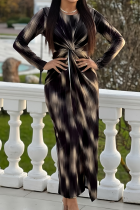Elegant Print Patchwork Ruched O Neck Wrapped Skirt Dresses