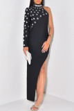 Sexy Party Formal Solid Color Slit Hot Drill Half A Turtleneck Long Dresses