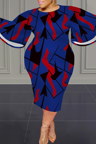 Casual Print Patchwork O Neck Wrapped Skirt Plus Size Dresses