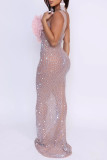 Sexy Party Formal Patchwork See-Through Backless Hot Drill Flowers O Neck Long Dresses