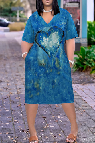 Casual Print Pocket Patchwork V Neck Straight Plus Size Dresses