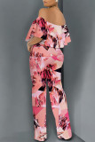 Street Geometric Print Pocket Flounce Off Shoulder Jumpsuits