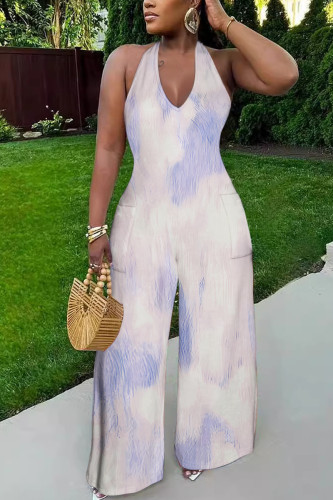 Sexy Geometric Print Pocket Lace Up Backless Contrast Halter Loose Jumpsuits