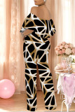 Street Geometric Print Pocket Flounce Off Shoulder Jumpsuits