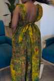 Casual Print Patchwork Square Neck Long Dresses
