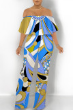 Street Geometric Print Pocket Flounce Off Shoulder Jumpsuits