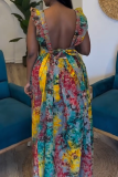 Casual Print Patchwork Square Neck Long Dresses