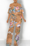 Street Geometric Print Pocket Flounce Off Shoulder Jumpsuits