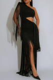 Sexy Elegant Solid Color Hollow Out Backless Fringed Hem Oblique Collar Wrapped Skirt Dresses
