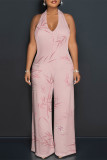 Sexy Floral Print Pocket Lace Up Backless Contrast Loose Jumpsuits