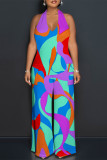 Sexy Geometric Print Pocket Lace Up Backless Contrast Halter Loose Jumpsuits