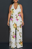 Sexy Floral Print Pocket Lace Up Backless Contrast Loose Jumpsuits