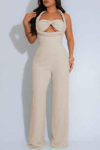 Sexy Casual Solid Color Hollow Out Patchwork Backless Halter Regular Jumpsuits
