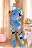 Street Geometric Print Pocket Flounce Off Shoulder Jumpsuits