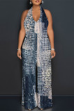 Sexy Geometric Print Pocket Lace Up Backless Contrast Halter Loose Jumpsuits