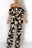Street Geometric Print Pocket Flounce Off Shoulder Jumpsuits