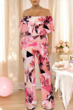 Street Geometric Print Pocket Flounce Off Shoulder Jumpsuits