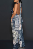 Sexy Geometric Print Pocket Lace Up Backless Contrast Halter Loose Jumpsuits