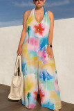 Sexy Floral Print Pocket Lace Up Backless Contrast Loose Jumpsuits