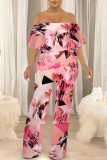 Street Geometric Print Pocket Flounce Off Shoulder Jumpsuits