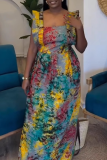 Casual Print Patchwork Square Neck Long Dresses