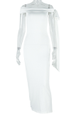 Elegant Solid Color Patchwork Strap Design Off Shoulder Long Dresses