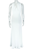 Sexy Solid Color Hollow Out Patchwork Ruched O Neck Long Dresses