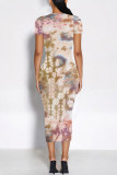 Casual Floral Print Butterfly Contrast O Neck Printed Short Sleeve Dress
