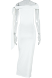 Elegant Solid Color Patchwork Strap Design Off Shoulder Long Dresses