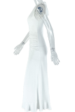 Sexy Solid Color Hollow Out Patchwork Ruched O Neck Long Dresses