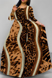 Casual Striped Print Leopard Pocket With Belt O Neck Printed Dresses