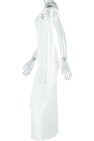Elegant Solid Color Patchwork Strap Design Off Shoulder Long Dresses