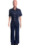 Casual Solid Color Pocket Buttons Patchwork Turndown Collar Short Sleeve Regular Denim Jumpsuits