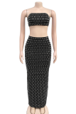 Sexy Solid Color Patchwork Slit Hot Drill Strapless Sleeveless Two Pieces