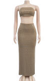 Sexy Solid Color Patchwork Slit Hot Drill Strapless Sleeveless Two Pieces
