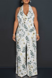 Sexy Floral Print Pocket Backless Halter Loose Jumpsuits