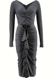 Elegant Solid Color Patchwork Ruched Flower Shape V Neck Wrapped Skirt Dresses