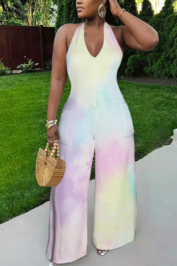 Casual Gradient Print Tie Dye Pocket Backless Contrast Halter Loose Jumpsuits