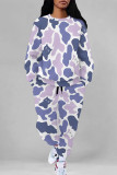 Casual Leopard Print Pocket Contrast O Neck Long Sleeve Two Pieces