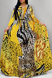 Casual Snakeskin Print Leopard Tiger Stripes Pocket With Belt Contrast O Neck Printed Dresses