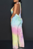 Casual Gradient Print Tie Dye Pocket Backless Contrast Halter Loose Jumpsuits