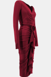 Elegant Solid Color Patchwork Ruched Flower Shape V Neck Wrapped Skirt Dresses