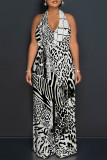 Sexy Geometric Print Tiger Stripes Pocket Backless Contrast Halter Loose Jumpsuits