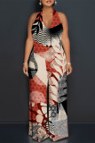 Sexy Geometric Print Tiger Stripes Pocket Backless Contrast Halter Loose Jumpsuits
