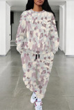 Casual Leopard Print Pocket Contrast O Neck Long Sleeve Two Pieces