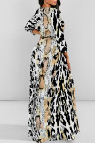 Casual Snakeskin Print Leopard Tiger Stripes Pocket With Belt Contrast O Neck Printed Dresses