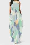 Casual Colorblock Print Gradient Pocket Contrast O Neck Printed Dresses