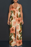 Sexy Floral Print Pocket Backless Halter Loose Jumpsuits